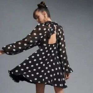 BRAND NEW Anthropologie Maeve Polka Dot Sheer Sleeve Mini Mod Swing Dress.